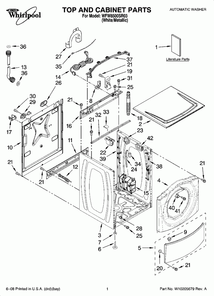 TOP AND CABINET PARTS Diagram and Parts List for WFW8500SR03  Whirlpool Washer