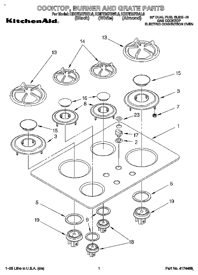 COOKTOP, BURNER AND GRATE Diagram and Parts List for KDDT207BBL6  KitchenAid Range
