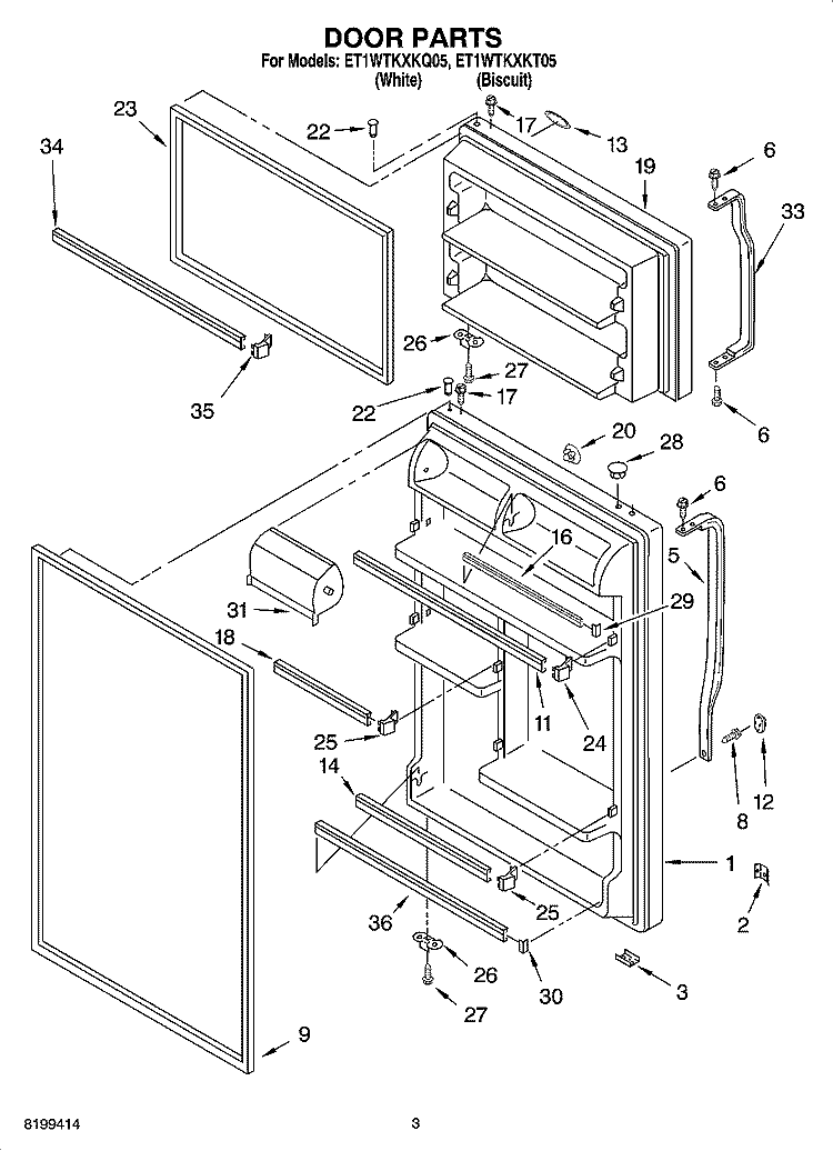 DOOR PARTS Diagram and Parts List for ET1WTKXKQ05  Whirlpool Refrigerator
