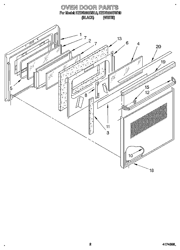 OVEN DOOR Diagram and Parts List for KEDS200BBL0  KitchenAid Range