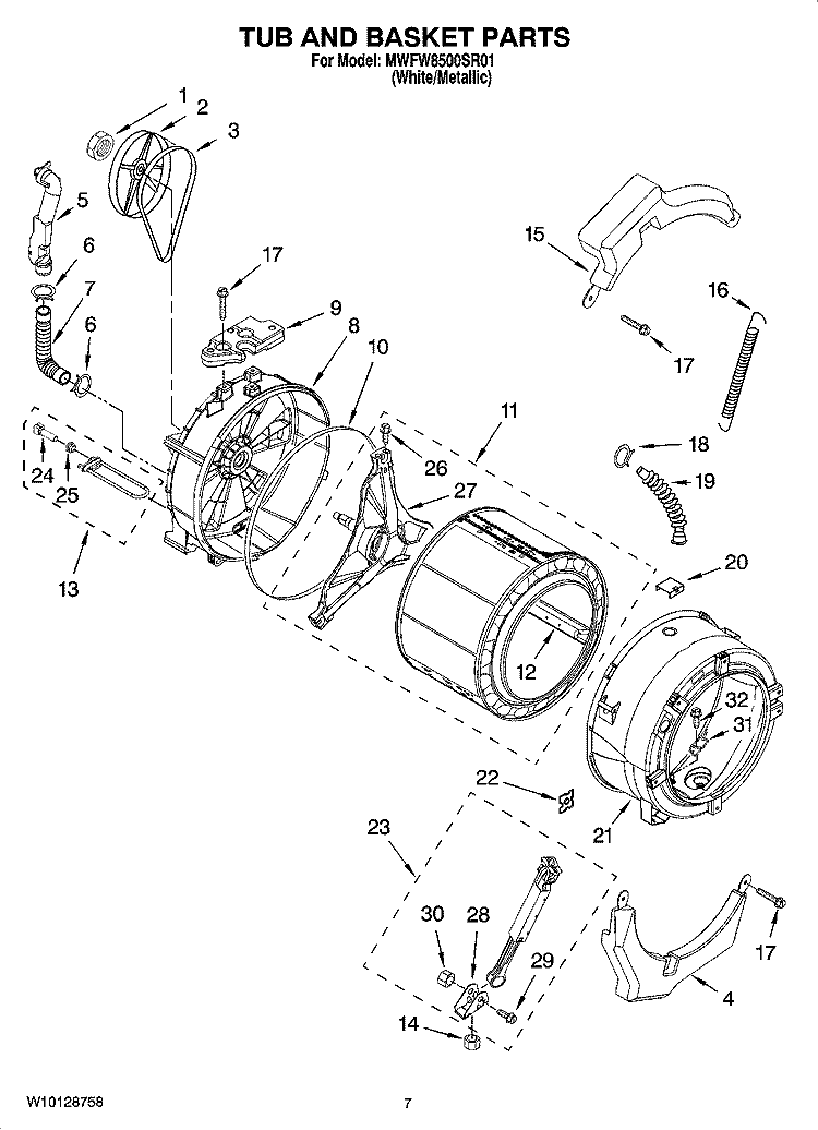 TUB AND BASKET PARTS, OPTIONAL PARTS (NOT INCLUDED) Diagram and Parts List for MWFW8500SR01  Whirlpool Washer