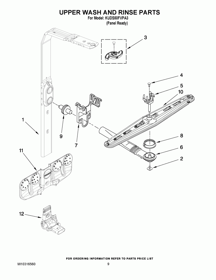 UPPER WASH AND RINSE PARTS Diagram and Parts List for KUDS50FVPA3  KitchenAid Dishwasher