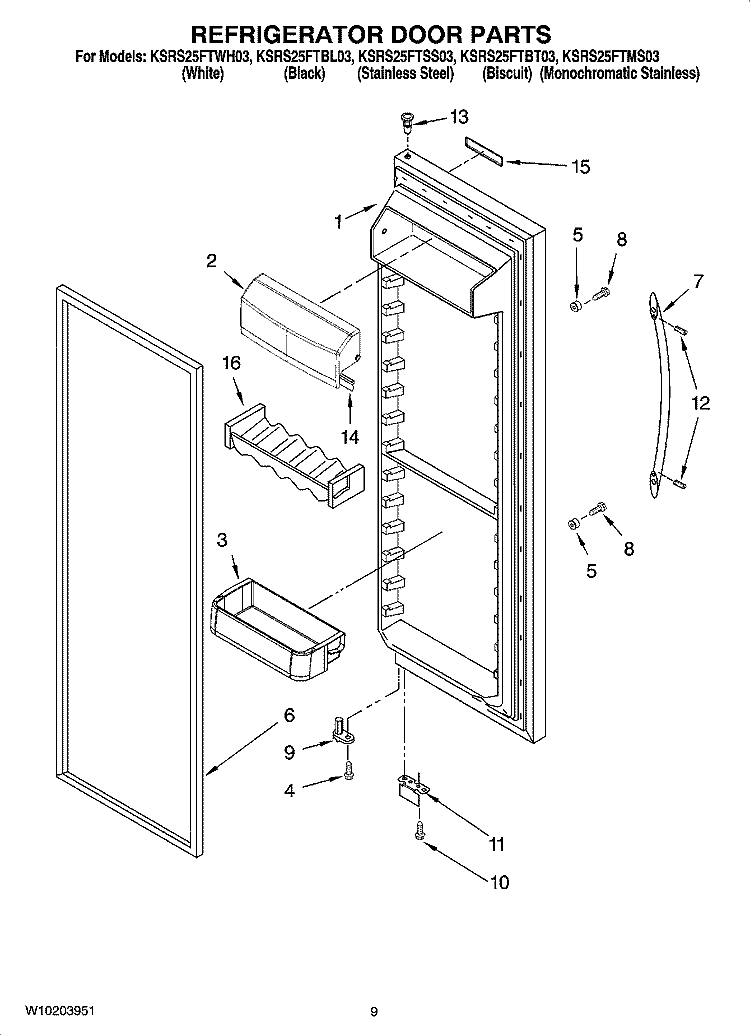 REFRIGERATOR DOOR PARTS Diagram and Parts List for KSRS25FTWH03  KitchenAid Refrigerator
