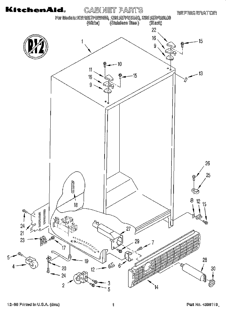 CABINET Diagram and Parts List for KSRB27FGBL00  KitchenAid Refrigerator