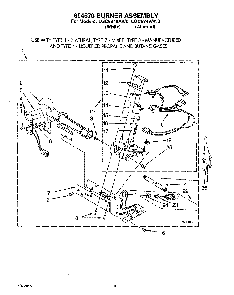 694670 BURNER ASSEMBLY Diagram and Parts List for LGC6848AW0  Whirlpool Dryer