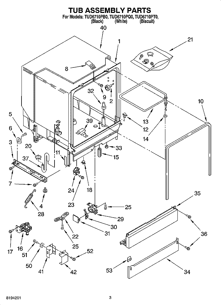 TUB ASSEMBLY PARTS Diagram and Parts List for TUD6710PB0  Estate Dishwasher