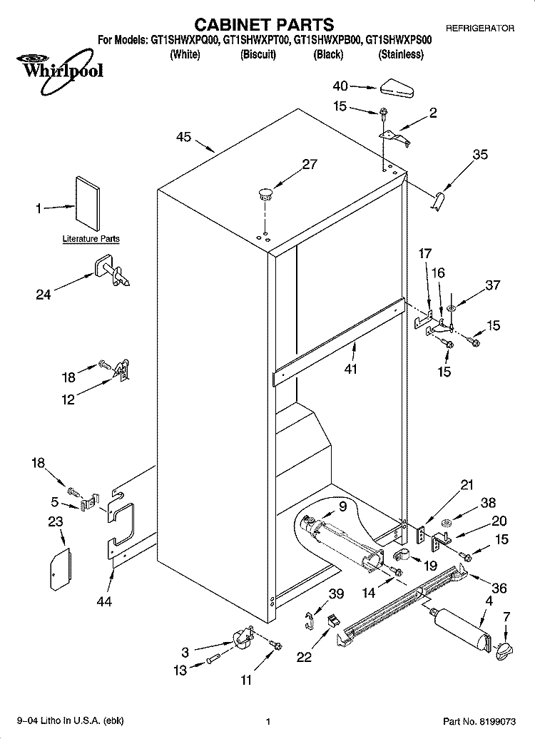 CABINET PARTS Diagram and Parts List for GT1SHWXPT00  Whirlpool Refrigerator