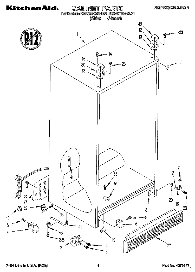 CABINET Diagram and Parts List for KSRS22QAWH21  KitchenAid Refrigerator