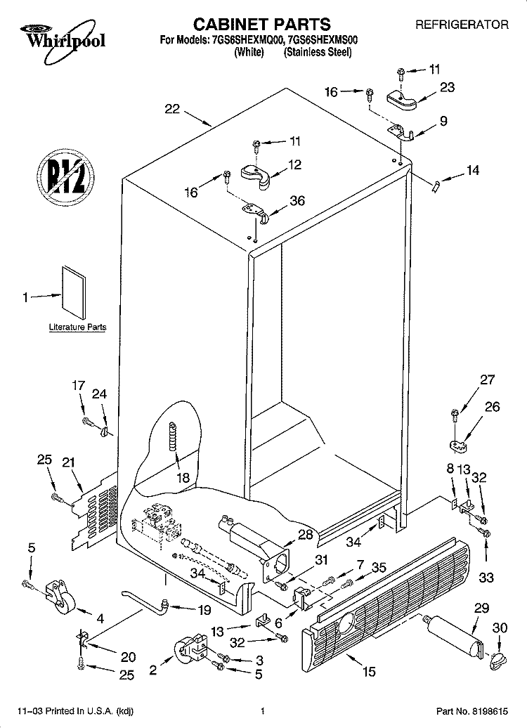CABINET PARTS Diagram and Parts List for 7GS6SHEXMS00  Whirlpool Refrigerator