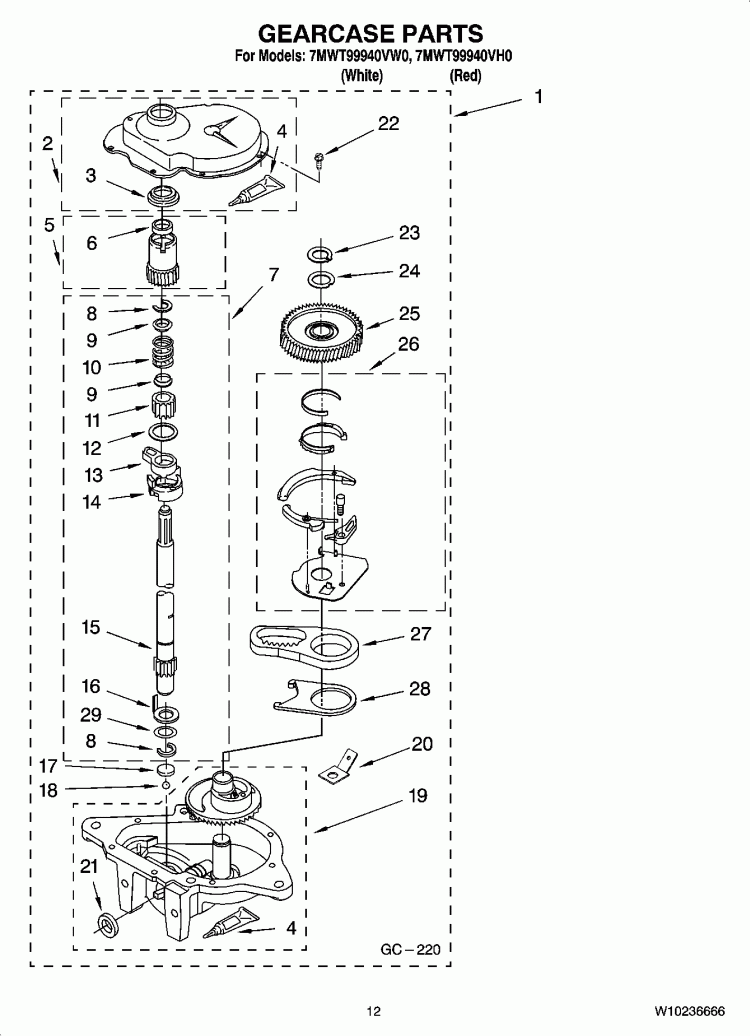 GEARCASE PARTS, OPTIONAL PARTS (NOT INCLUDED) Diagram and Parts List for 7MWT99940VW0  Whirlpool Washer