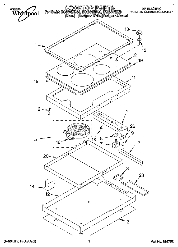SECTION Diagram and Parts List for RC8646XDB0  Whirlpool Cooktop