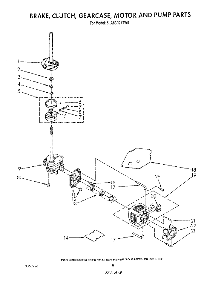 BRAKE, CLUTCH, GEARCASE, MOTOR AND PUMP Diagram and Parts List for 6LA6300XTW0  Whirlpool Washer