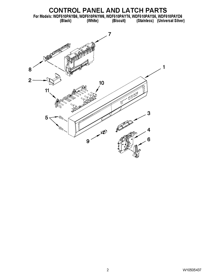 CONTROL PANEL AND LATCH PARTS Diagram and Parts List for WDF510PAYT6  Whirlpool Dishwasher