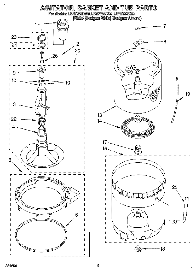 AGITATOR, BASKET AND TUB Diagram and Parts List for LSR7233DW0  Whirlpool Washer