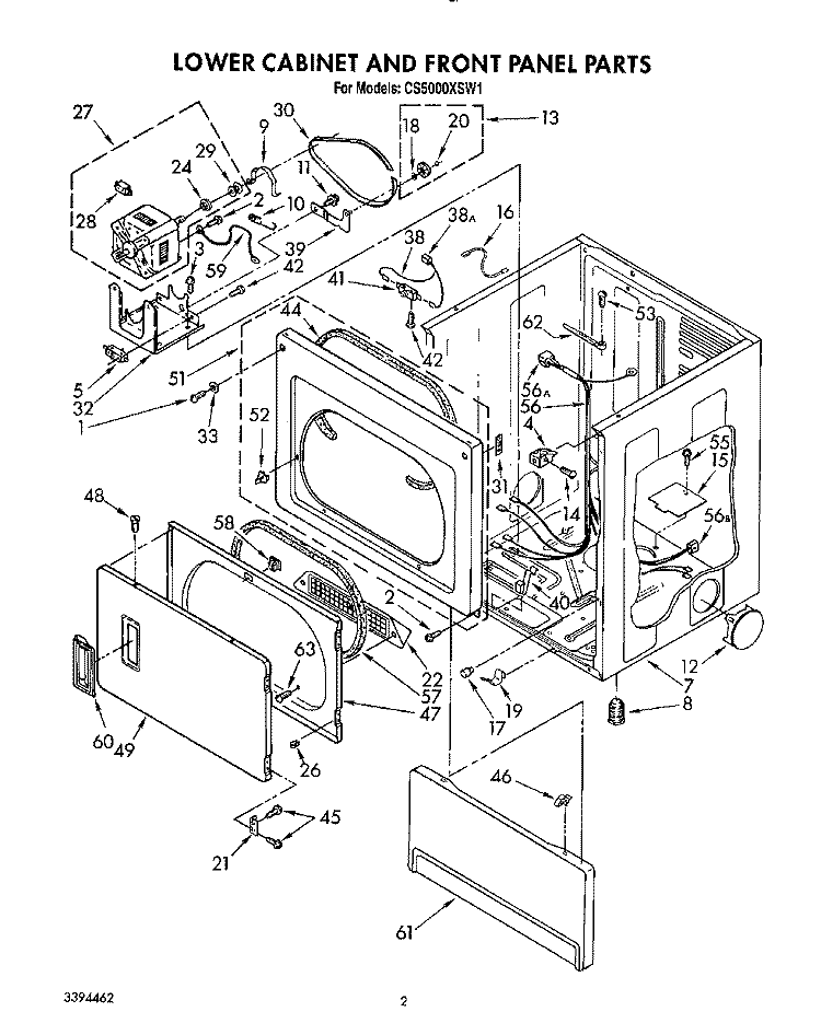 LOWER CABINET AND FRONT PANEL Diagram and Parts List for CS5000XSW1  Whirlpool Dryer
