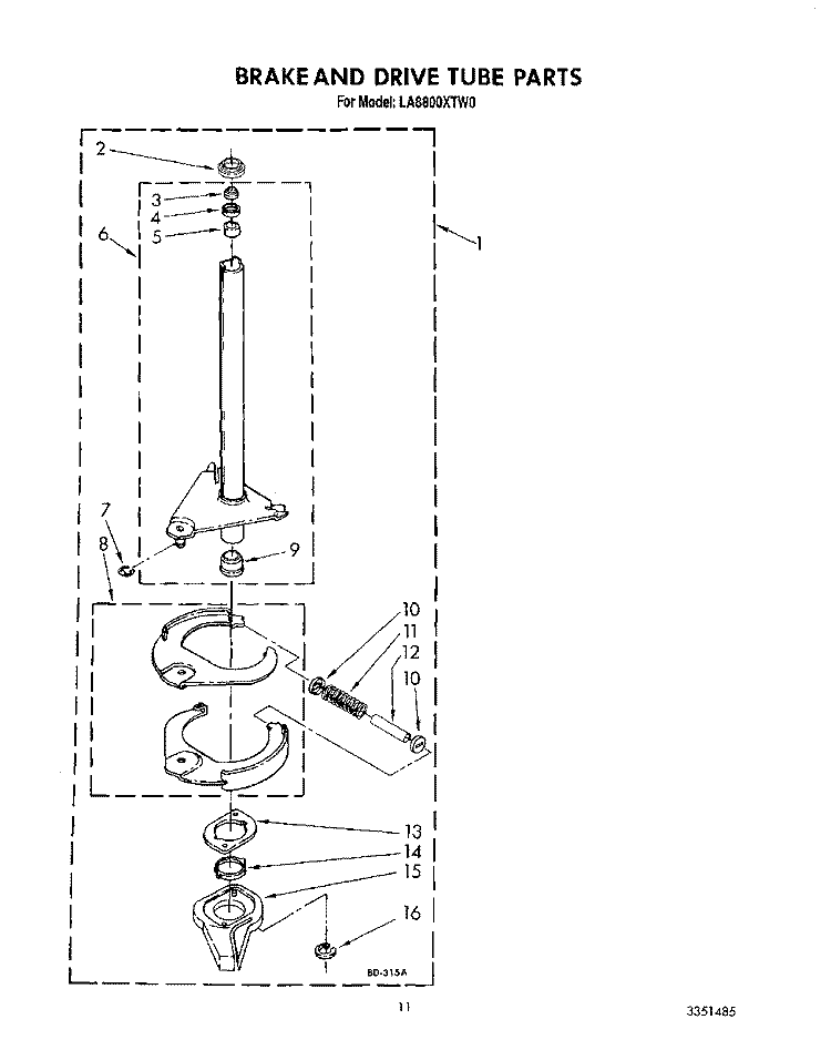 BRAKE AND DRIVE TUBE Diagram and Parts List for LA8800XTF0  Whirlpool Washer