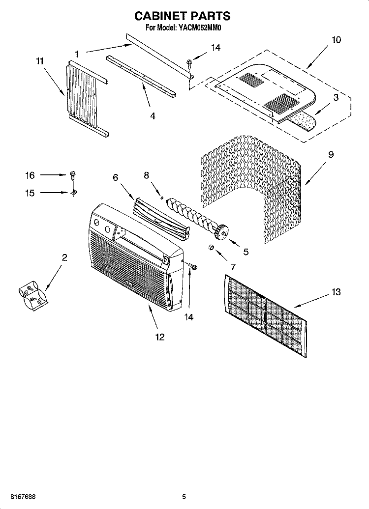 CABINET PARTS Diagram and Parts List for YACM052MM0  Whirlpool Air Conditioner