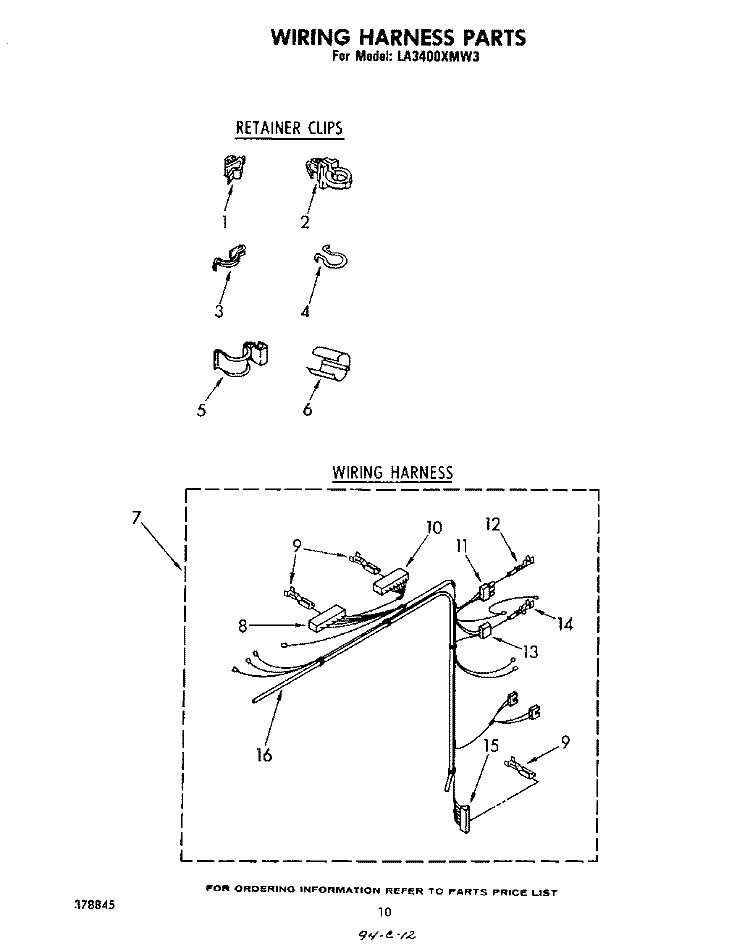 WIRING HARNESS Diagram and Parts List for LA3400XMW3  Whirlpool Washer