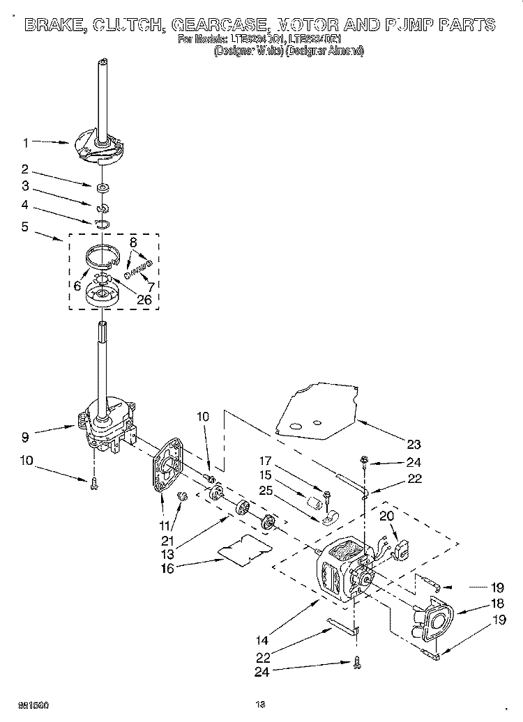 BRAKE, CLUTCH, GEARCASE, MOTOR AND PUMP Diagram and Parts List for LTE6234DQ1  Whirlpool Washer Dryer Combo