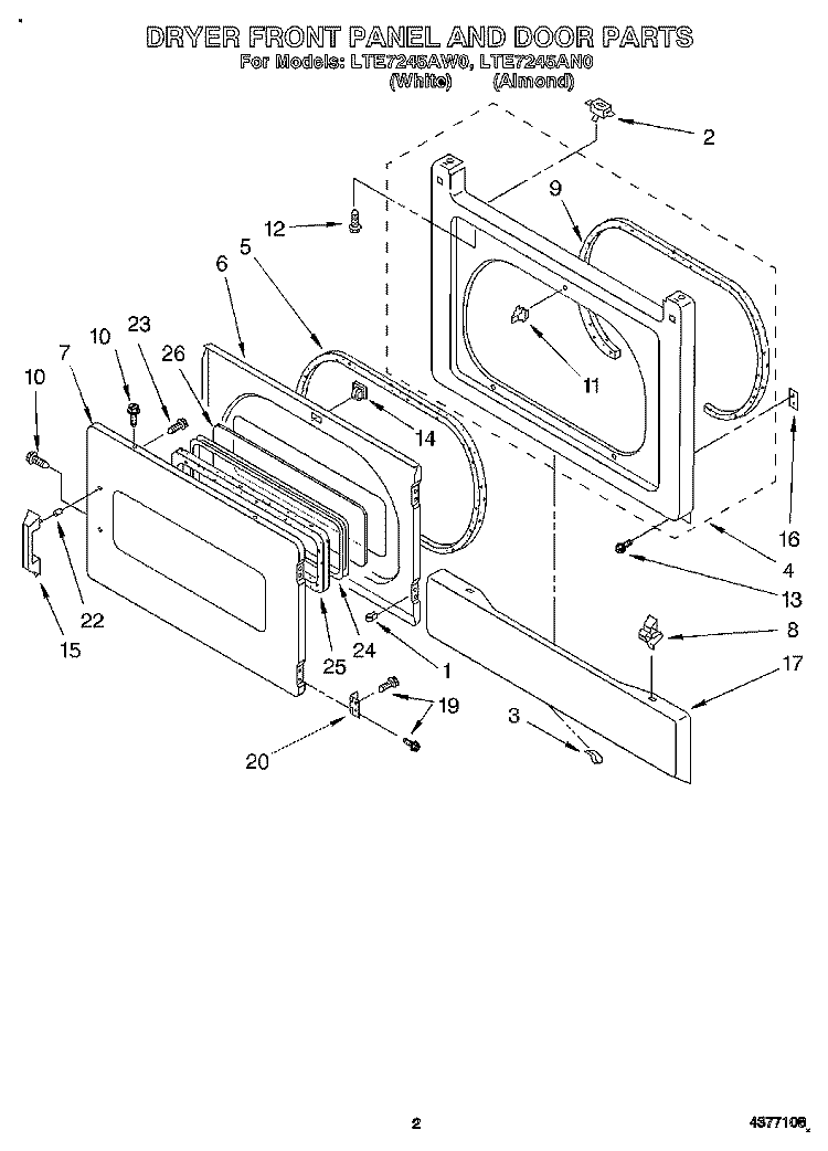 DRYER FRONT PANEL AND DOOR Diagram and Parts List for LTE7245AN0  Whirlpool Washer Dryer Combo