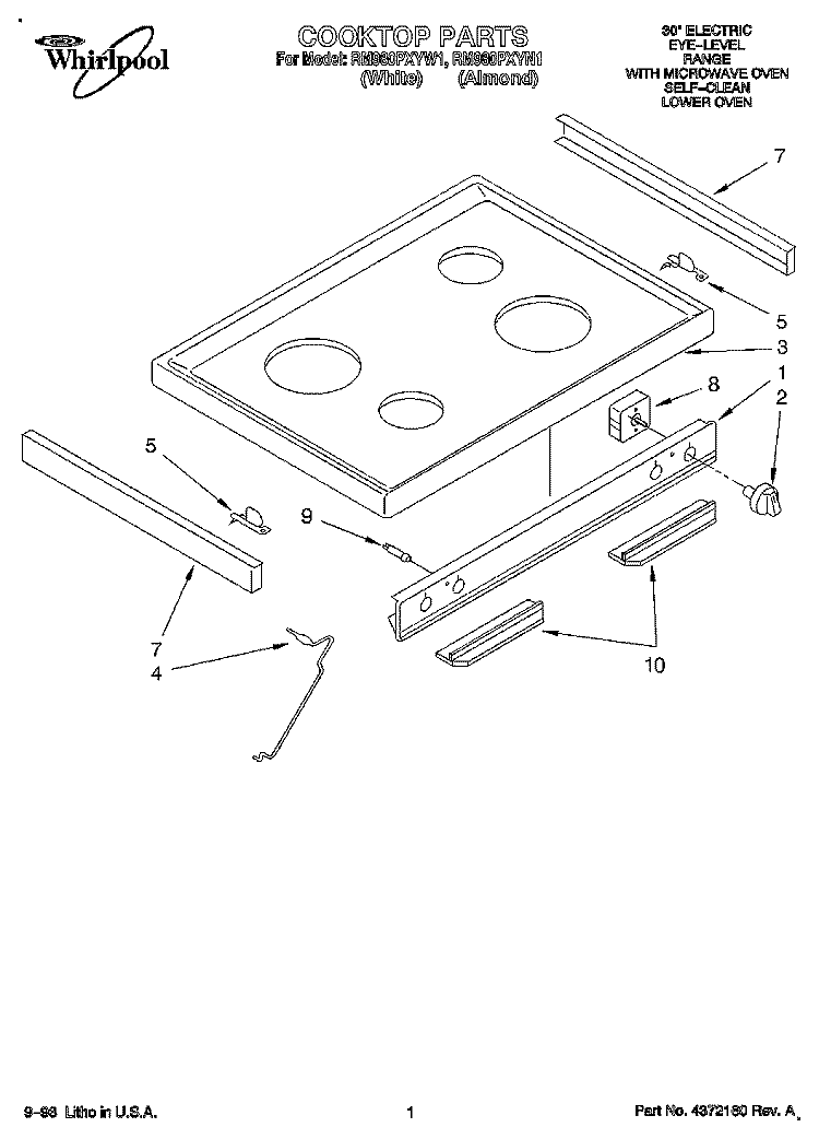 COOKTOP Diagram and Parts List for RM980PXYN1  Whirlpool Microwave Oven Combo