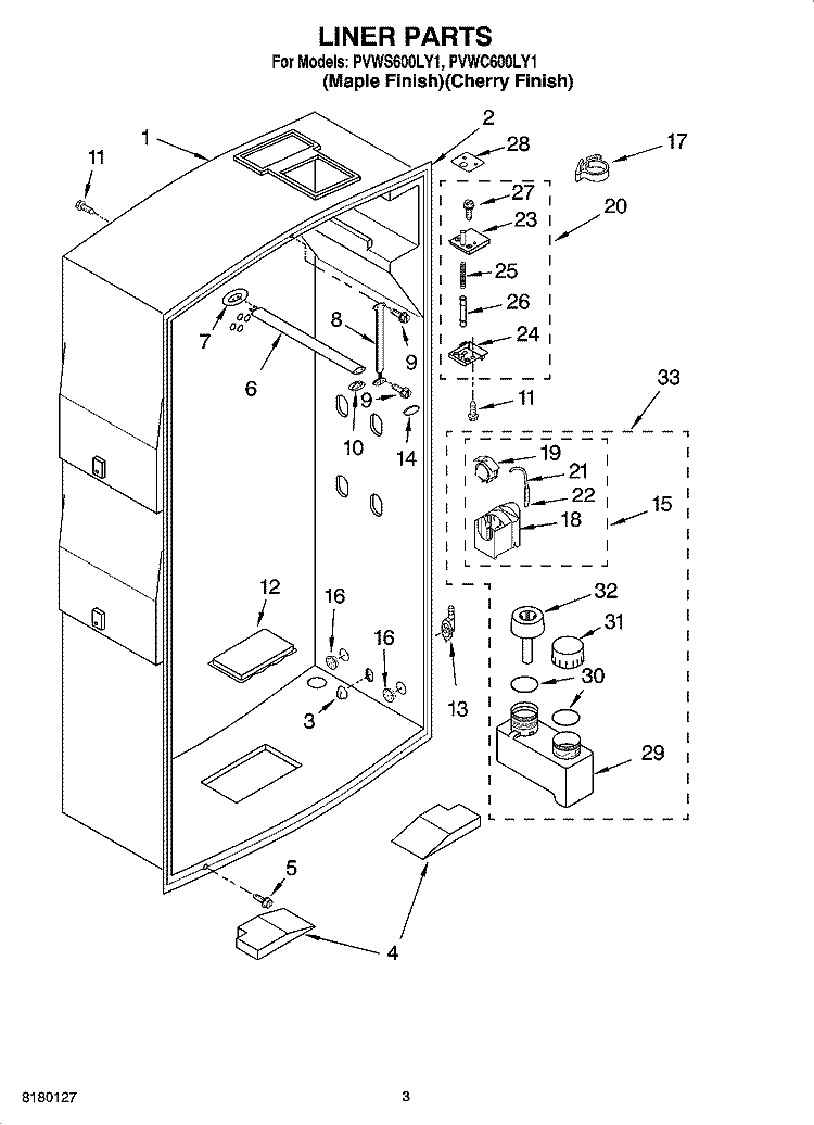 LINER PARTS Diagram and Parts List for PVWC600LY1  Whirlpool Cabinet