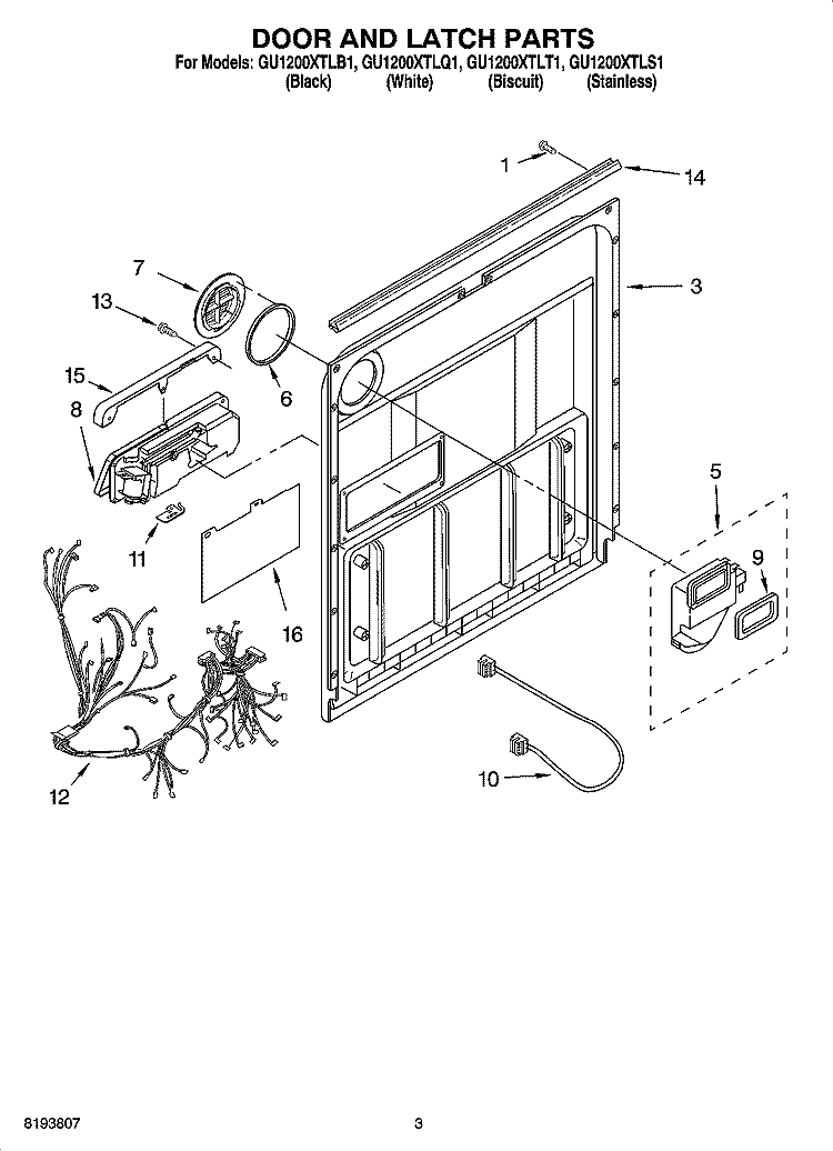 DOOR AND LATCH PARTS Diagram and Parts List for GU1200XTLB1  Whirlpool Dishwasher