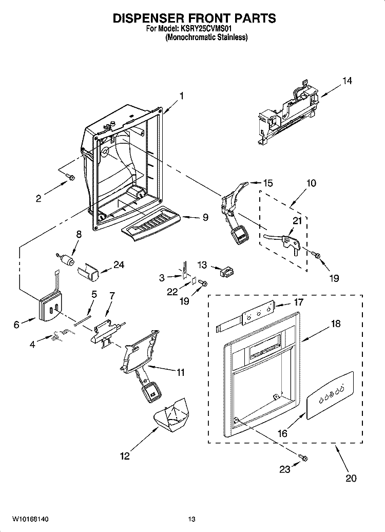 DISPENSER FRONT PARTS Diagram and Parts List for KSRY25CVMS01  KitchenAid Refrigerator