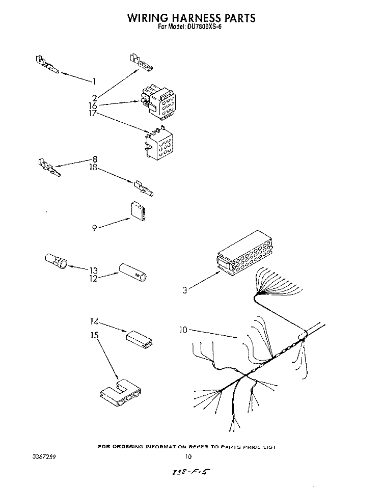 WIRING HARNESS Diagram and Parts List for DU7800XS6  Whirlpool Dishwasher
