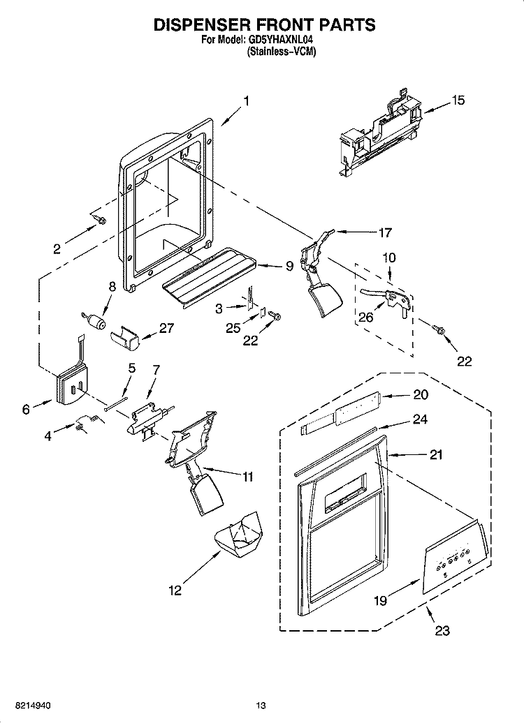 DISPENSER FRONT PARTS Diagram and Parts List for GD5YHAXNL04  Whirlpool Refrigerator