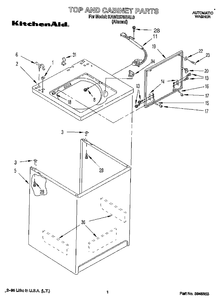 TOP AND CABINET, LIT/OPTIONAL Diagram and Parts List for KAWE578BAL0  KitchenAid Washer