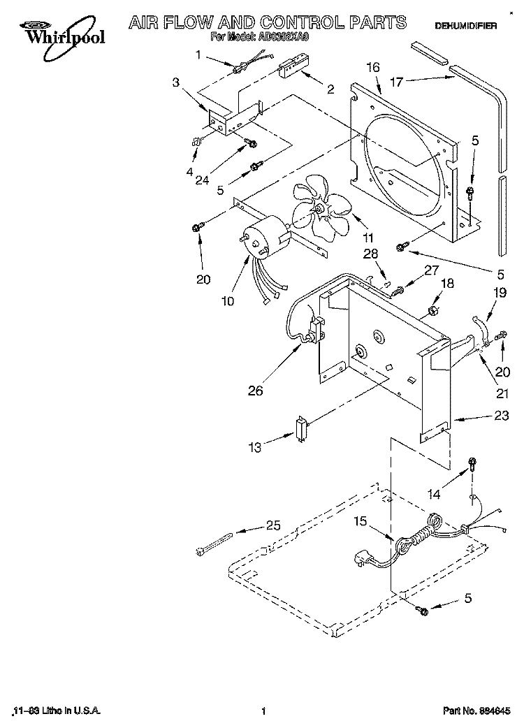 SECTION Diagram and Parts List for AD0302XA0  Whirlpool Dehumidifier