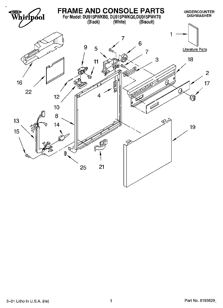 FRAME AND CONSOLE, LITERATURE Diagram and Parts List for DU915PWKT0  Whirlpool Dishwasher