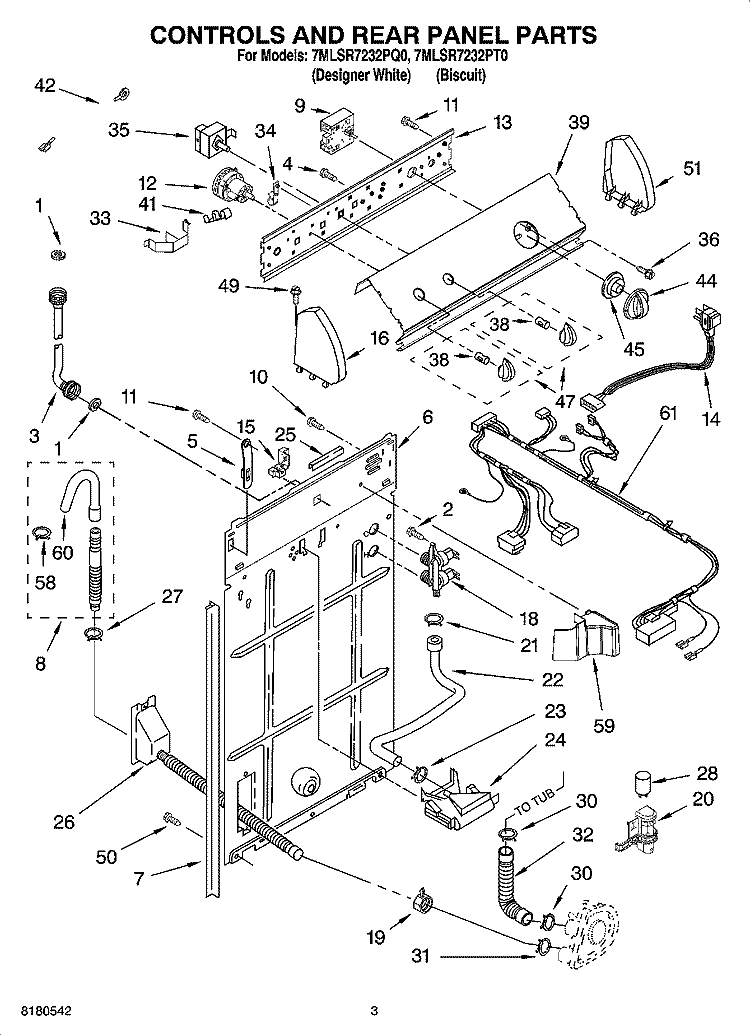 CONTROLS AND REAR PANEL PARTS Diagram and Parts List for 7MLSR7232PQ0  Whirlpool Washer