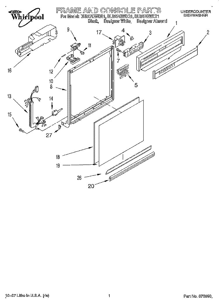 FRAME AND CONSOLE Diagram and Parts List for DU927QWDB1  Whirlpool Dishwasher