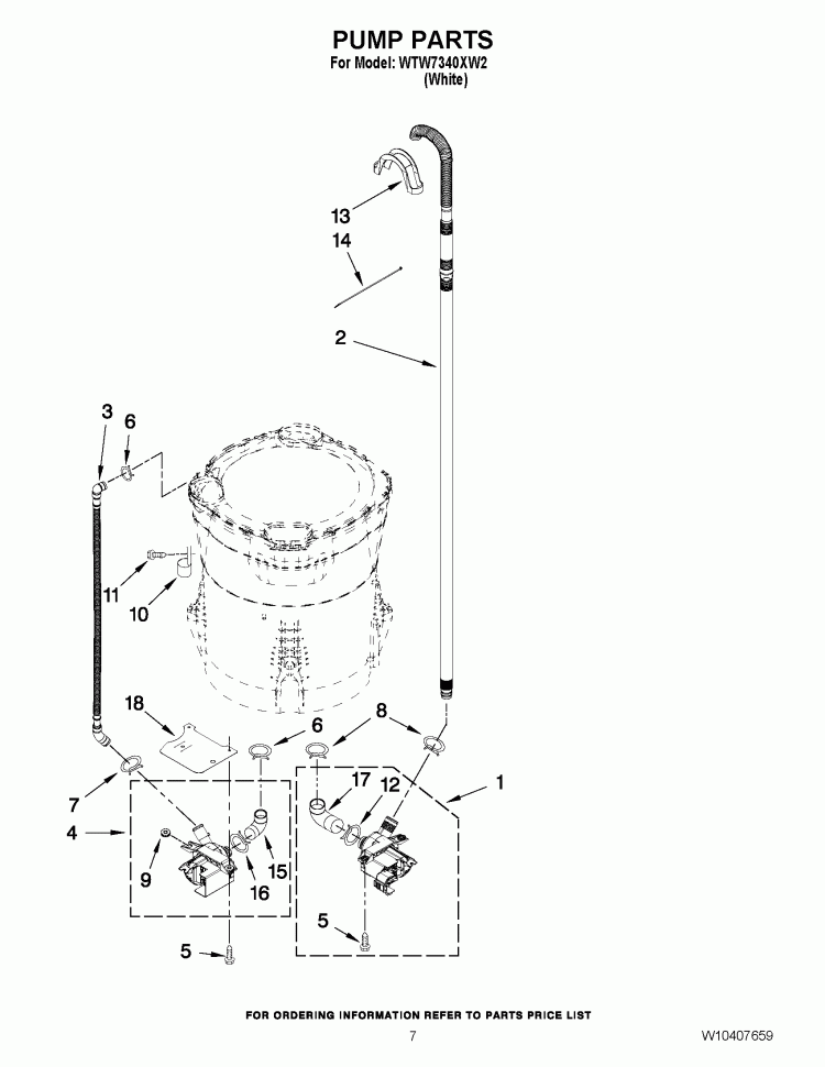 PUMP PARTS Diagram and Parts List for WTW7340XW2  Whirlpool Washer