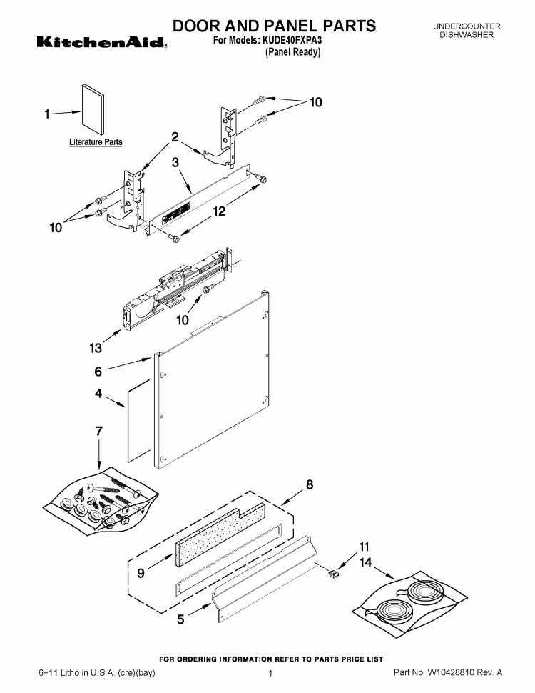 DOOR AND PANEL PARTS Diagram and Parts List for KUDE40FXPA3  KitchenAid Dishwasher