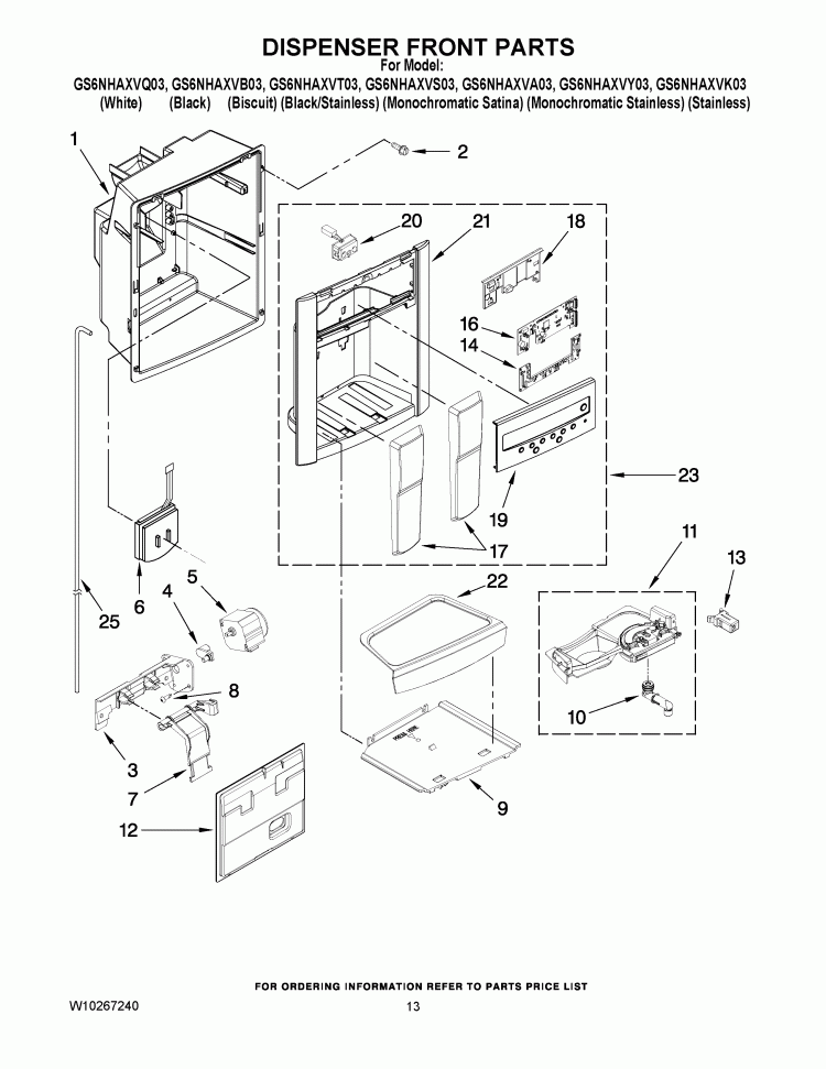 DISPENSER FRONT PARTS Diagram and Parts List for GS6NHAXVB03  Whirlpool Refrigerator