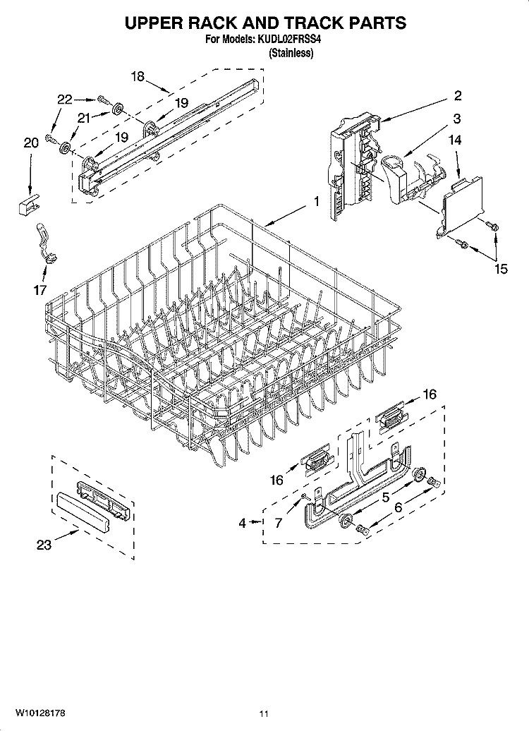 UPPER RACK AND TRACK PARTS Diagram and Parts List for KUDL02FRSS4  KitchenAid Dishwasher
