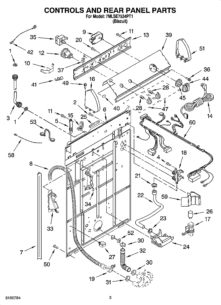 CONTROLS AND REAR PANEL PARTS Diagram and Parts List for 7MLSE7534PT1  Whirlpool Washer