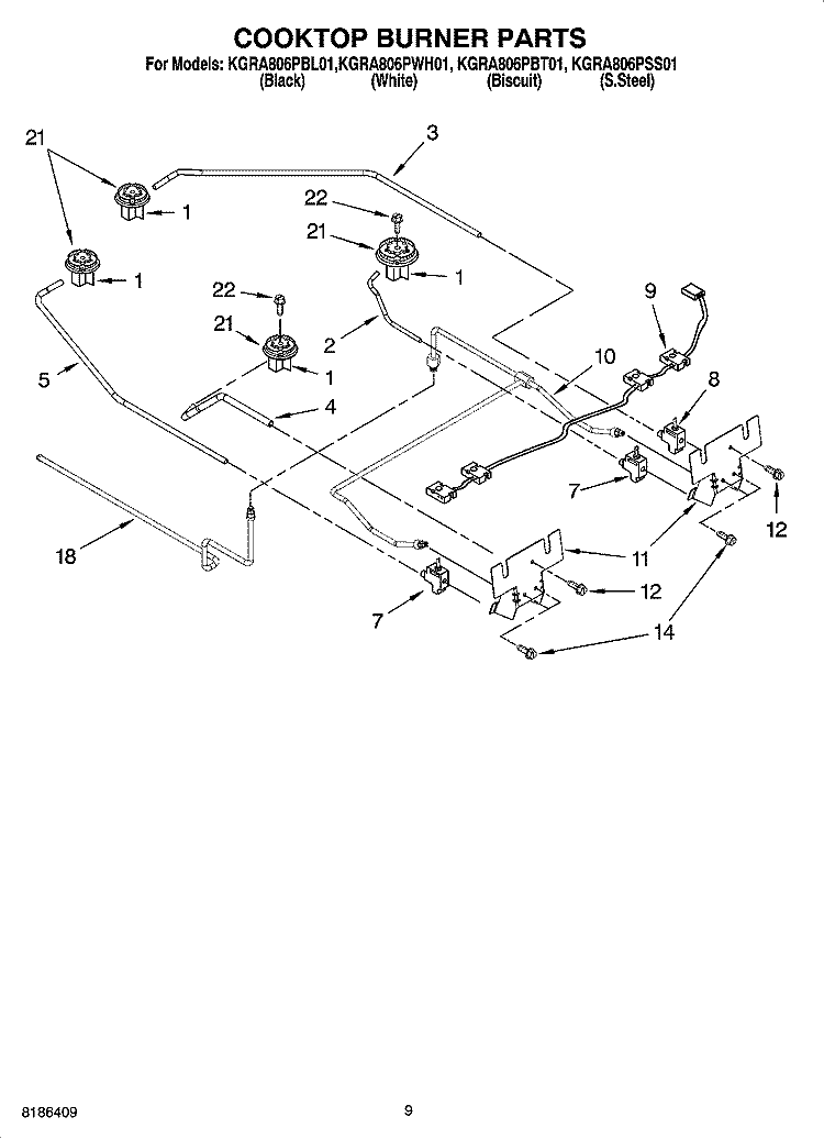 COOKTOP BURNER PARTS Diagram and Parts List for KGRA806PSS01  KitchenAid Range