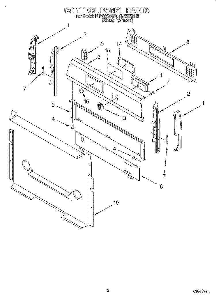 CONTROL PANEL Diagram and Parts List for FGS335EW0  Roper Range
