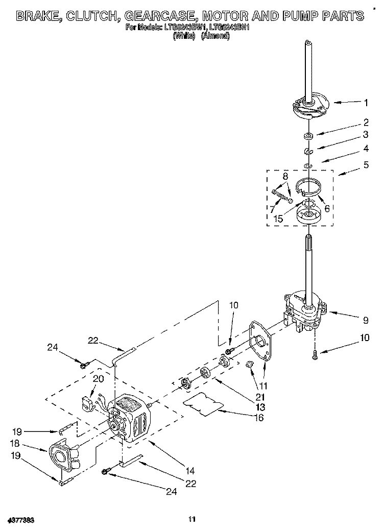 BRAKE, CLUTCH, GEARCASE, MOTOR AND PUMP Diagram and Parts List for LTG5243BW1  Whirlpool Washer Dryer Combo