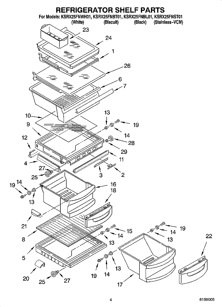 REFRIGERATOR SHELF PARTS Diagram and Parts List for KSRX25FNBL01  KitchenAid Refrigerator