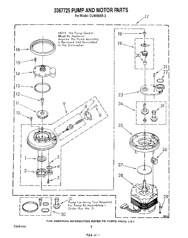3367725 PUMP AND MOTOR Diagram and Parts List for DU9000XR3  Whirlpool Dishwasher