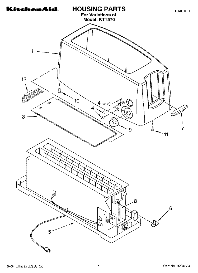 HOUSING PARTS Diagram and Parts List for KTT570  KitchenAid Toaster