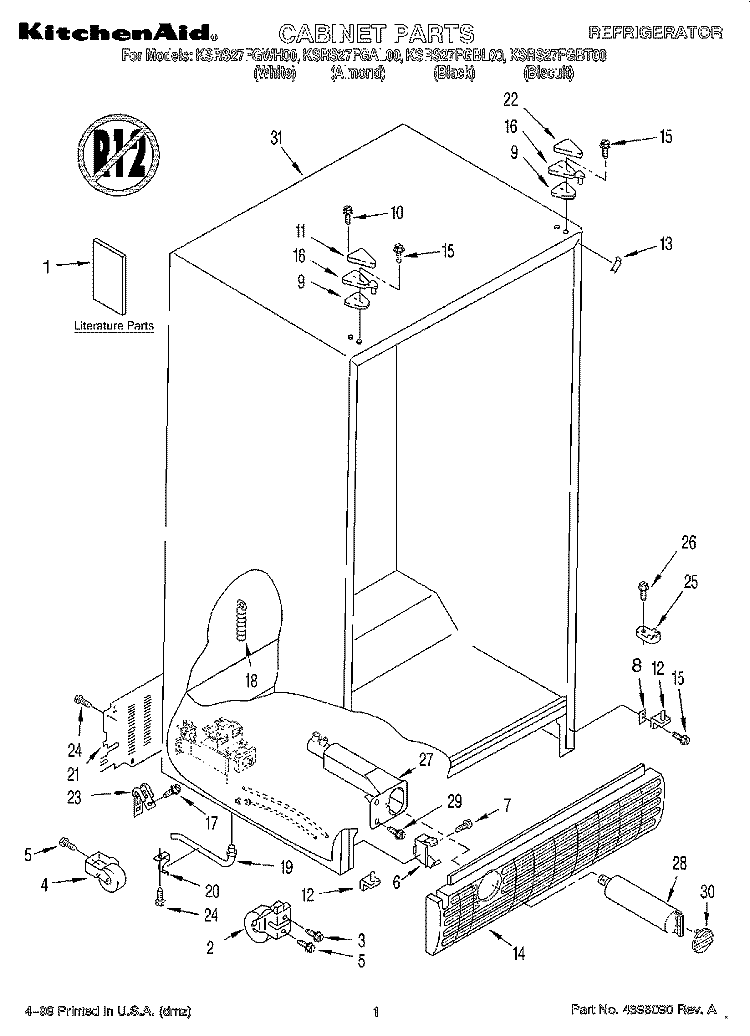 CABINET, LITERATURE Diagram and Parts List for KSRS27FGAL00  KitchenAid Refrigerator
