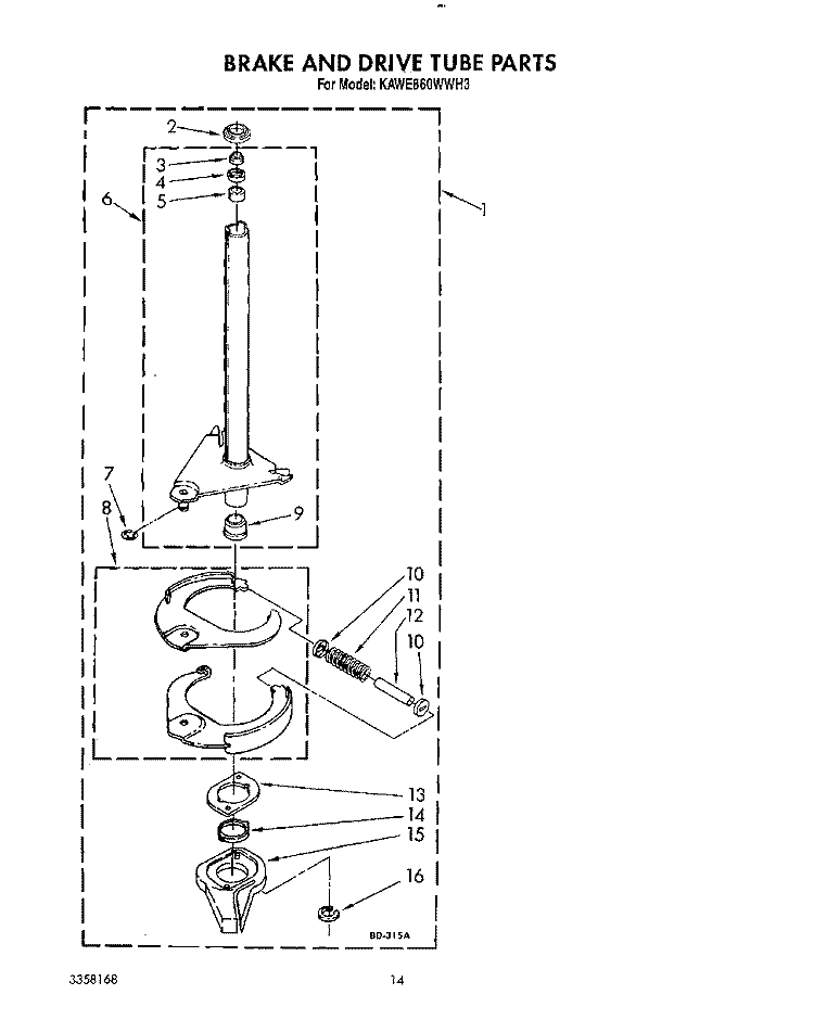 BRAKE AND DRIVE TUBE Diagram and Parts List for KAWE860WAL3  KitchenAid Washer
