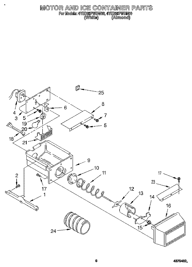 MOTOR AND ICE CONTAINER Diagram and Parts List for 4YED25PWBW00  Whirlpool Refrigerator