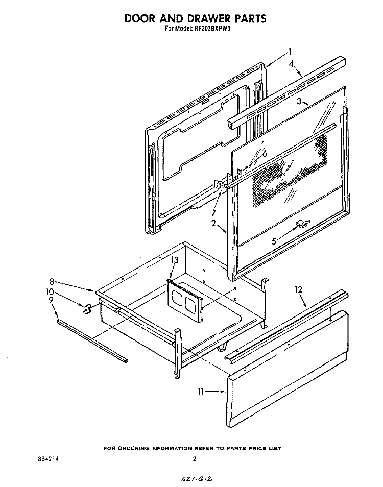 DOOR AND DRAWER Diagram and Parts List for RF303BXPW0  Whirlpool Range